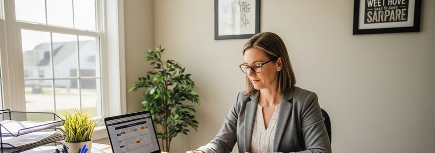 Senior care franchise owner reviewing client schedules and staffing plans in a professional office