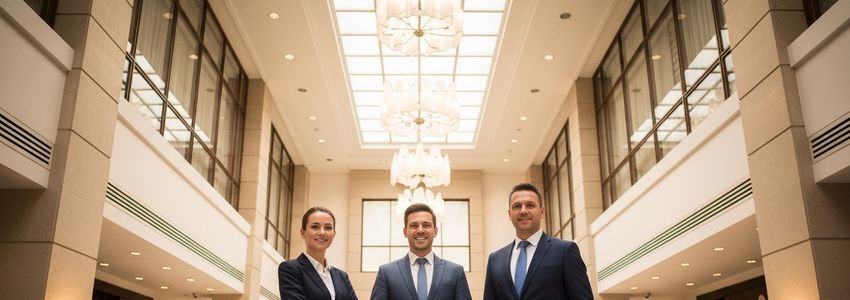 Comfort Suites franchise financing professionals in hotel lobby