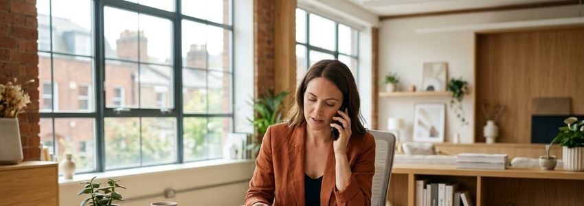 Small business owner reviewing a security alarm monitoring contract and invoice at a front desk