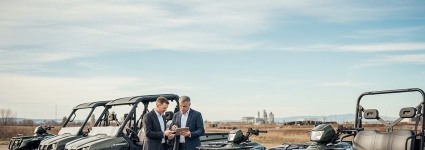 Commercial ATV fleet financing - business owner reviewing fleet documentation with utility vehicles