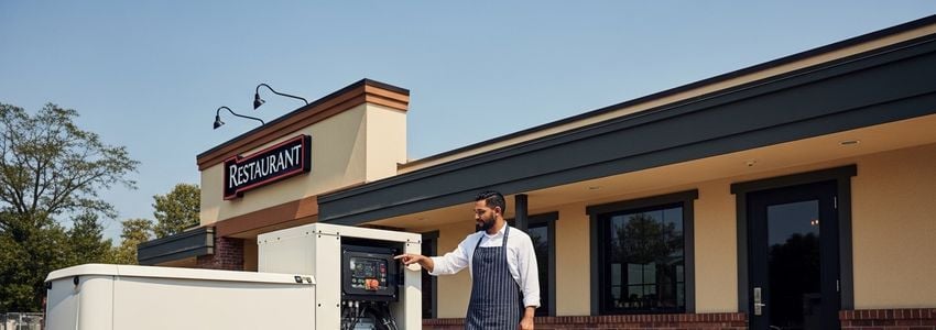 Business owner standing next to commercial backup generator outside a restaurant