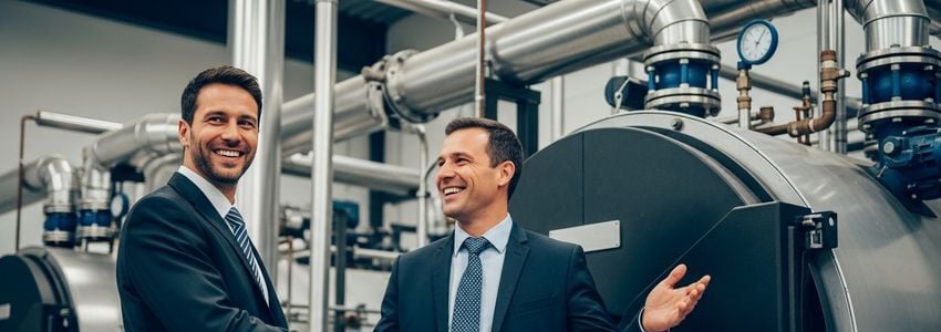 Business owner and financing specialist reviewing commercial boiler financing options in an industrial facility