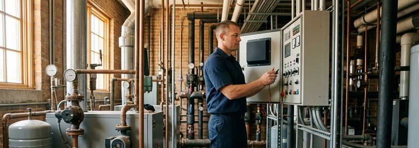 Commercial HVAC technician inspecting a failed boiler system in a business mechanical room