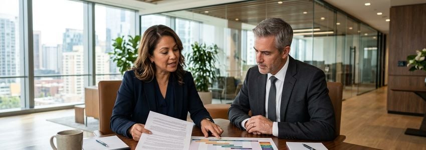 Financial advisor presenting commercial bridge loan terms and timeline to a business client in a modern office