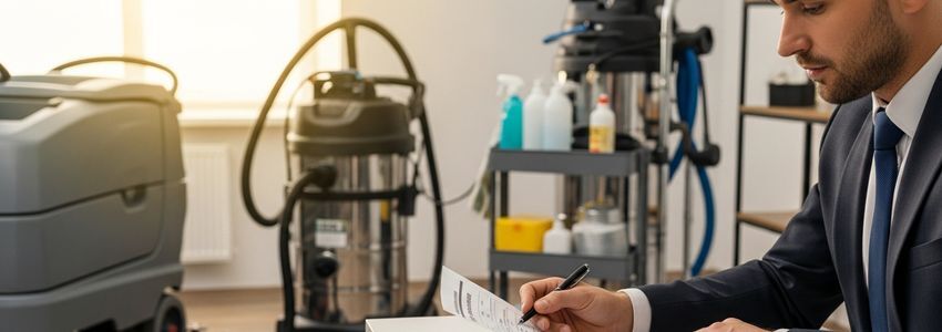 Business owner reviewing commercial cleaning equipment financing documents with industrial cleaning equipment in background