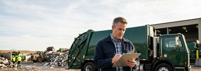 Waste hauling business owner reviewing financing paperwork near a commercial collection truck