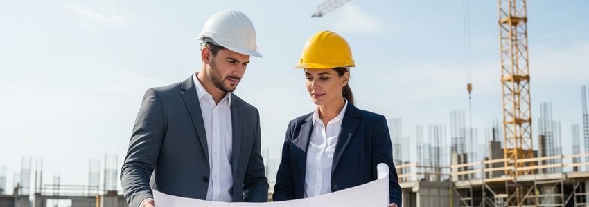 Business owner and contractor reviewing commercial construction blueprints and loan financing plans at a construction site