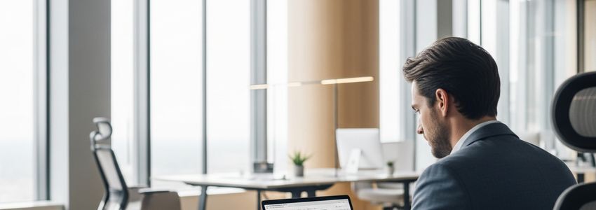 Business professional reviewing commercial client credit report at modern office desk