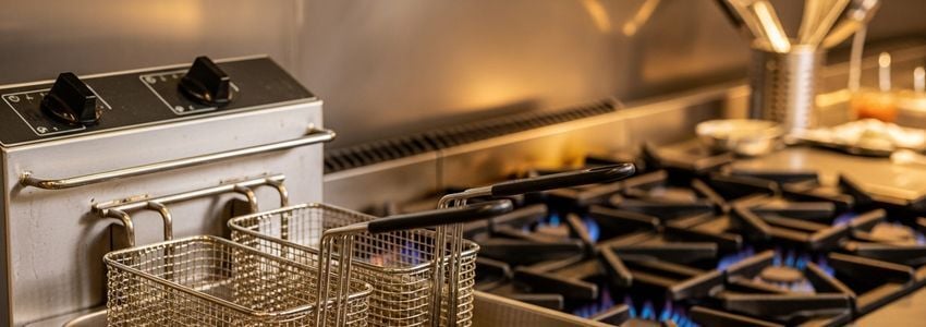 Commercial deep fryer equipment in a professional restaurant kitchen setting