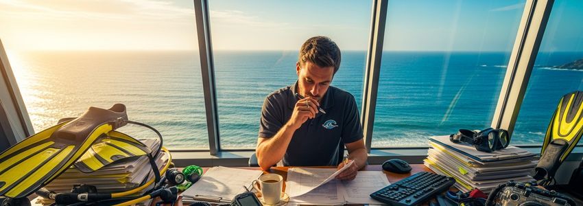 Commercial diving business owner reviewing financing documents in a coastal office setting