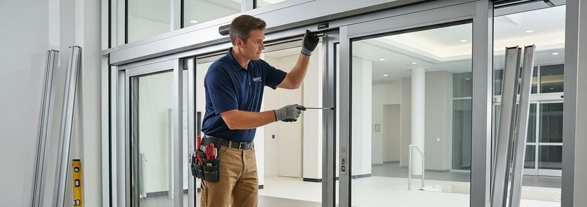 Commercial door installation technician adjusting automatic sliding door hardware