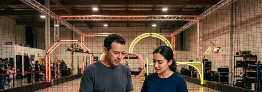 Business owner and technician reviewing racing drone equipment and course plans in a professional indoor facility
