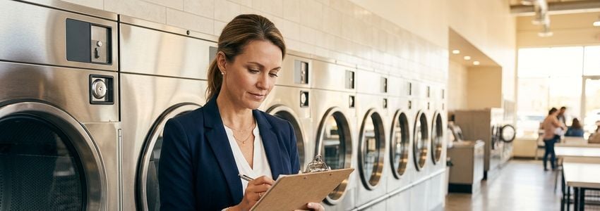 Laundromat owner inspecting a row of new commercial dryers in a modern laundry facility