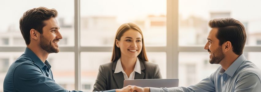 Business owner reviewing commercial equipment leasing options with a financial advisor in a modern office