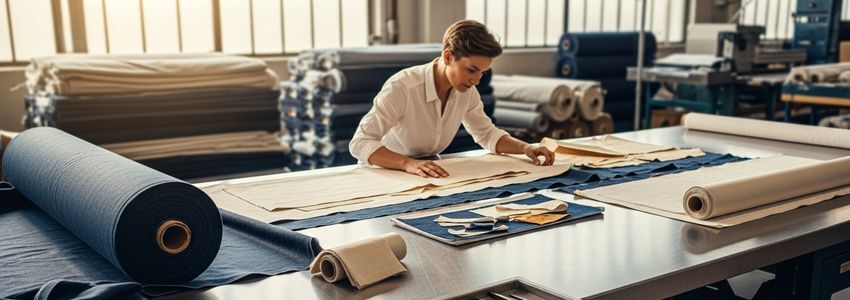 Business professional at a commercial fabric cutting table reviewing financing options in a textile manufacturing workspace
