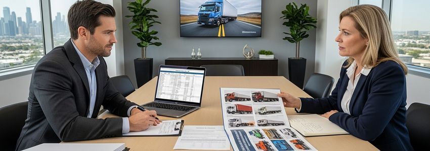 Fleet owner reviewing truck financing options with commercial lender