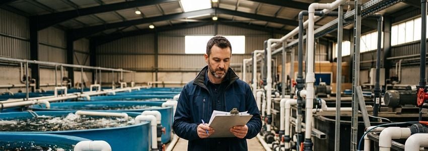 Aquaculture facility manager reviewing equipment financing paperwork beside recirculating aquaculture system tanks