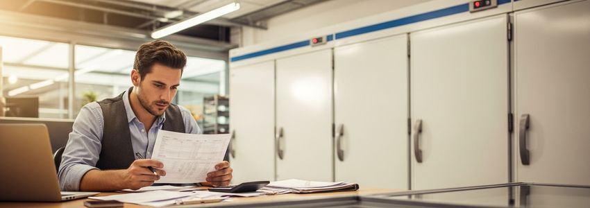 Store owner reviewing commercial freezer financing options at desk with commercial refrigeration equipment visible in background