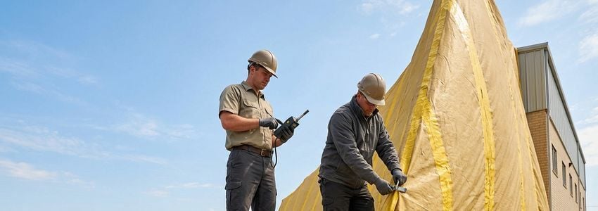 Pest control technician and crew member preparing a large fumigation tent and tenting rig equipment for a commercial structural fumigation job
