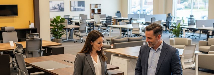 Business owners reviewing commercial furniture options at a furniture showroom