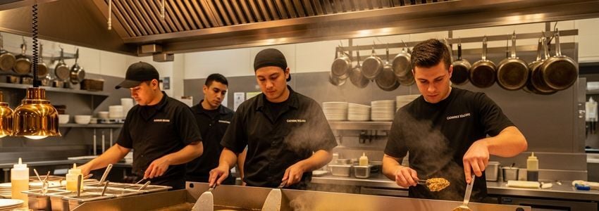 Restaurant kitchen staff cooking on a commercial flat-top griddle
