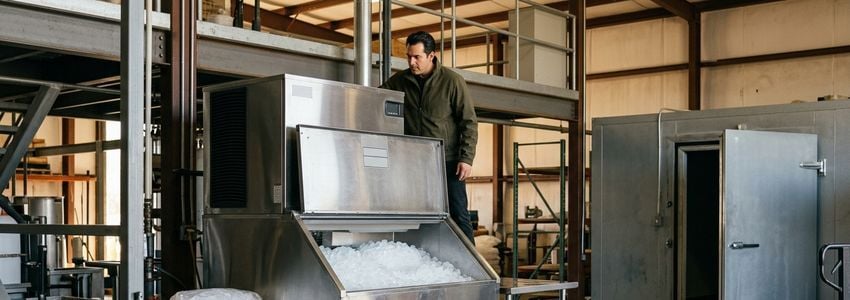 Ice production facility worker inspecting commercial ice making equipment