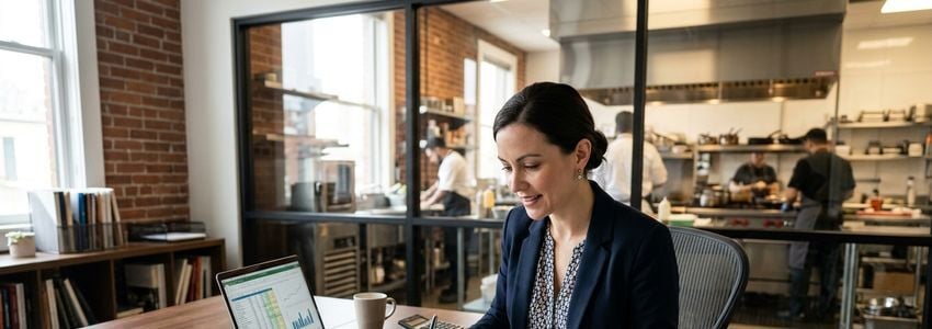 Food business owner reviewing commercial kitchen loan financing documents with kitchen visible in background