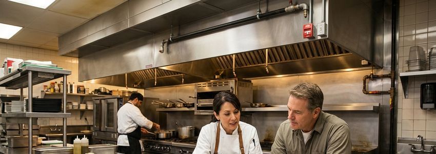 Restaurant owner reviewing fire suppression system financing paperwork in a commercial kitchen