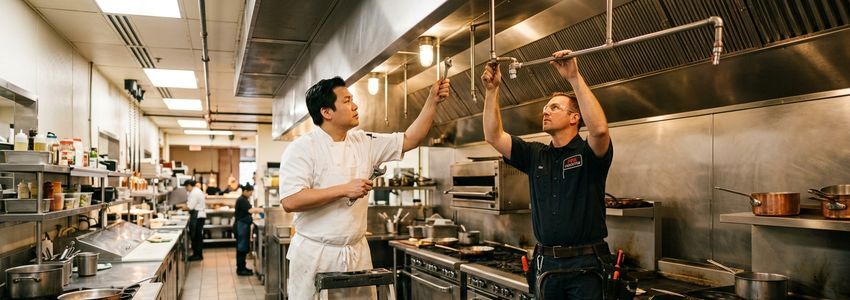 Restaurant owner reviewing a commercial kitchen ventilation upgrade with an HVAC contractor near stainless steel exhaust hoods