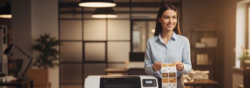 Business owner reviewing labels from a commercial label printer in an office setting