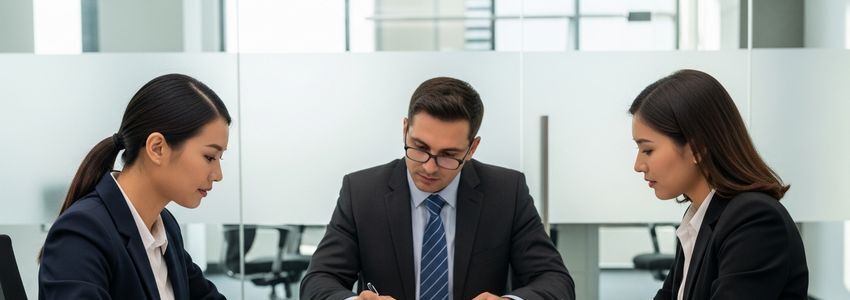 Business professionals reviewing commercial land loan documents at a lender meeting