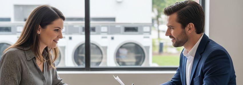 Business owner reviewing commercial laundry equipment options with a financial advisor
