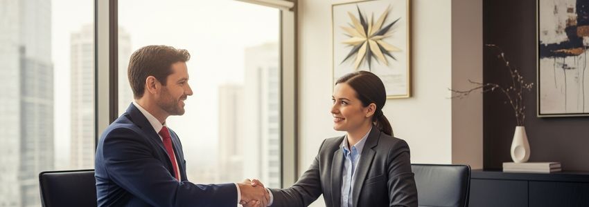Business owner and financial advisor reviewing commercial loan documents at a modern lending office