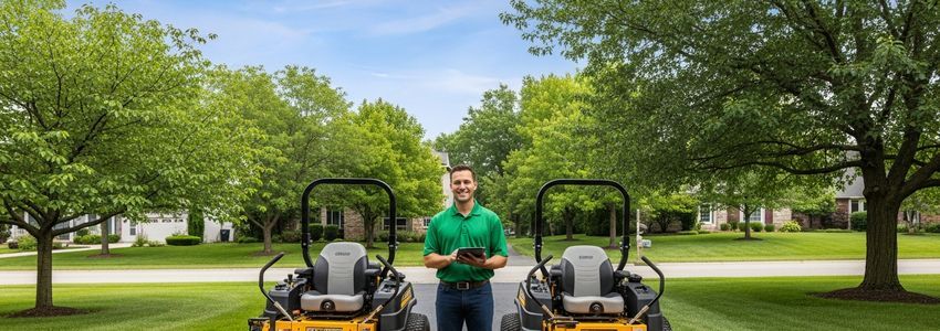 Landscaping business owner reviewing commercial mower financing paperwork