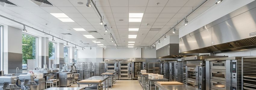 Professional commercial bakery kitchen with multiple commercial ovens and rack equipment