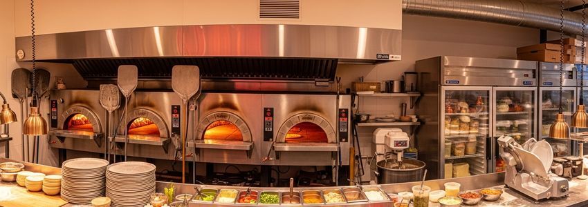 Commercial pizza oven in a professional restaurant kitchen with multiple deck ovens