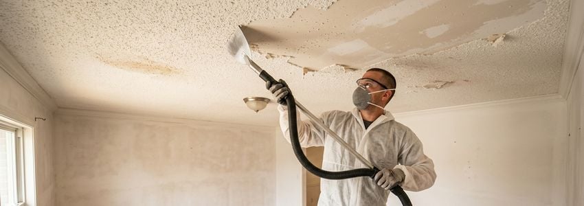 Contractor in protective gear using a dustless vacuum-attachment scraper to remove textured popcorn ceiling in a residential renovation