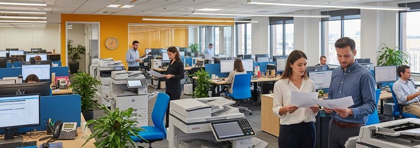 Business professional reviewing documents from a commercial multifunction printer in a modern office environment