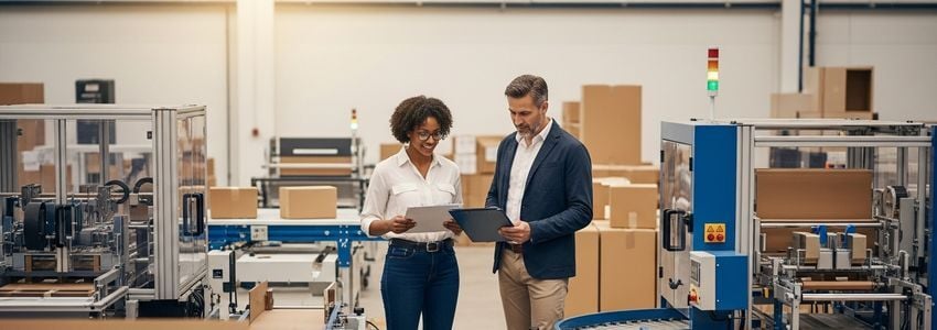 Small business owner reviewing commercial packaging equipment at fulfillment center