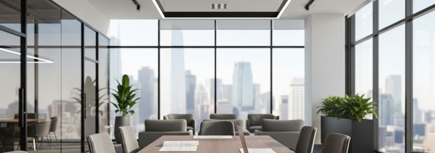 Small business owner reviewing commercial property loan documents at a modern office desk