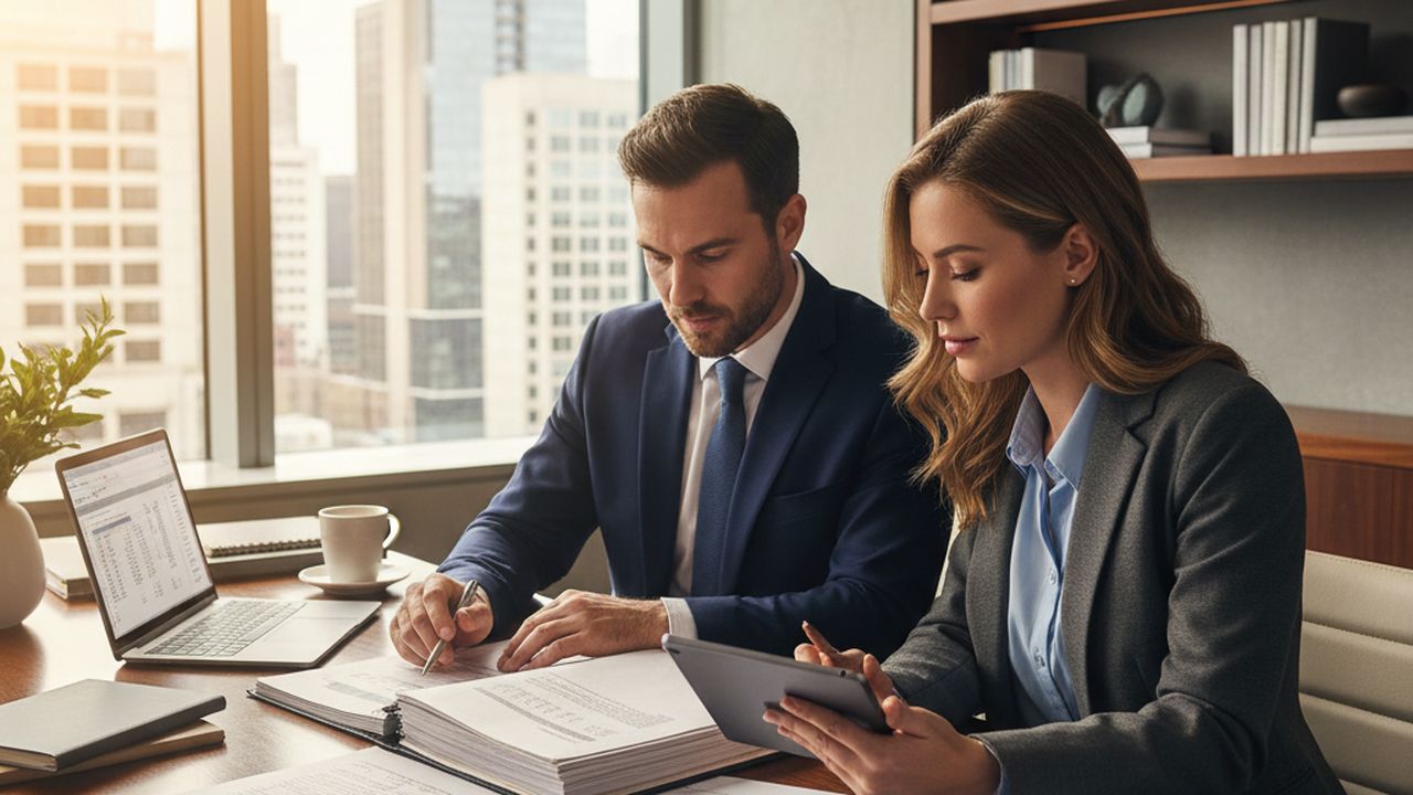 Business owner and commercial real estate lender reviewing property documents and loan terms at a conference table