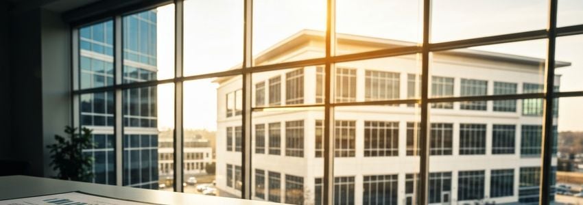 Commercial real estate refinancing professionals reviewing property loan documents in a modern office