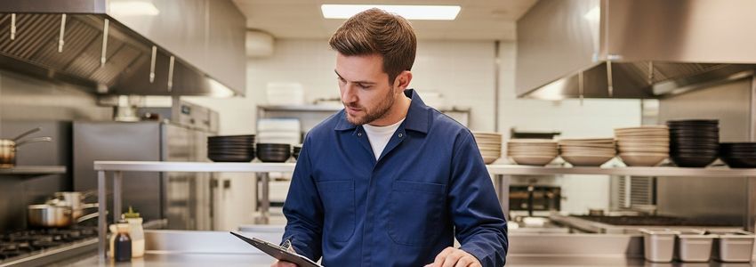 Commercial refrigeration technician inspecting equipment in a commercial kitchen setting