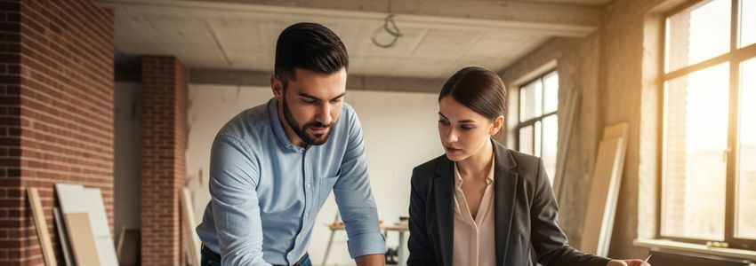 Two business professionals reviewing commercial renovation floor plans in a partially renovated space with exposed brick and warm lighting