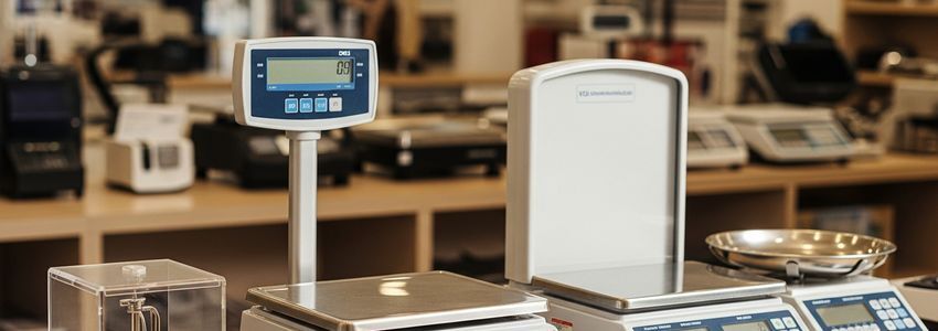 Commercial retail scales including deli scale and precision balance displayed in a store environment