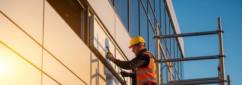Professional technician installing commercial LED display components on a building exterior