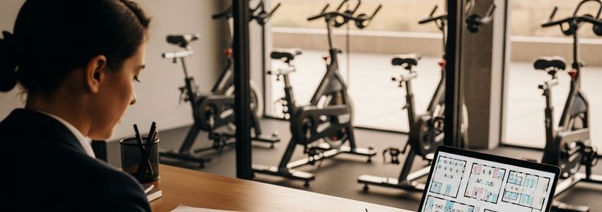Gym owner reviewing commercial spin bike financing documents at a desk with spin bikes visible in background