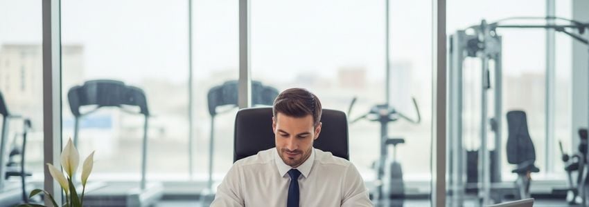 Gym owner reviewing commercial stair climber equipment financing documents at a desk with fitness equipment visible in background