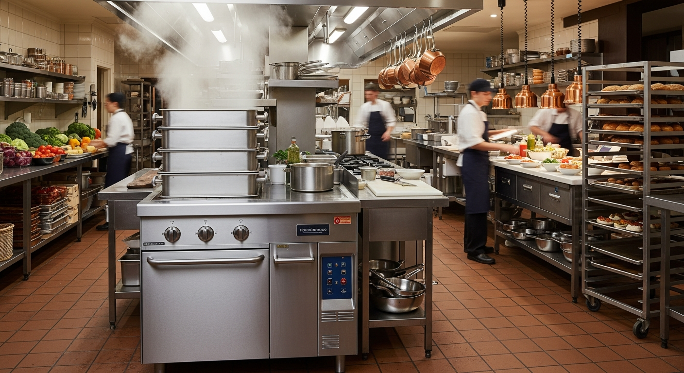 Commercial kitchen with steamer equipment and chef in professional food service environment