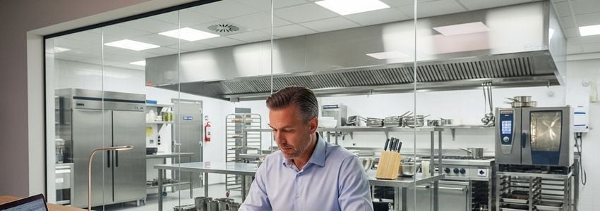 Restaurant owner reviewing commercial stove financing options at a desk with kitchen equipment visible in background